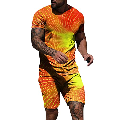Vardaglig träningsoverall för män casual randig herr vårset mode rund hals linne Henley skjortor för män stretch fest färgglada set Thanksgiving T-shirt herr vårkläder 2-delat set, Orange, L