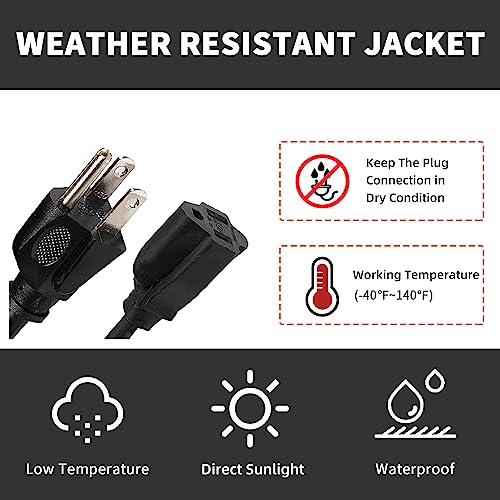 Honderson 10Ft Outdoor Extension Cord-16/3 Sjtw Durable Black Extension Cable With 3 Prong Grounded Plug For Safety #TOP5