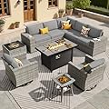 ovios 10 Pieces Patio Furniture Set, Outdoor Wicker Sectional Sofa with 42" Fire Pit Table Swivel Chairs, Modern Modular Deep Seat Rattan Couch Conversation Sets, Dark Grey