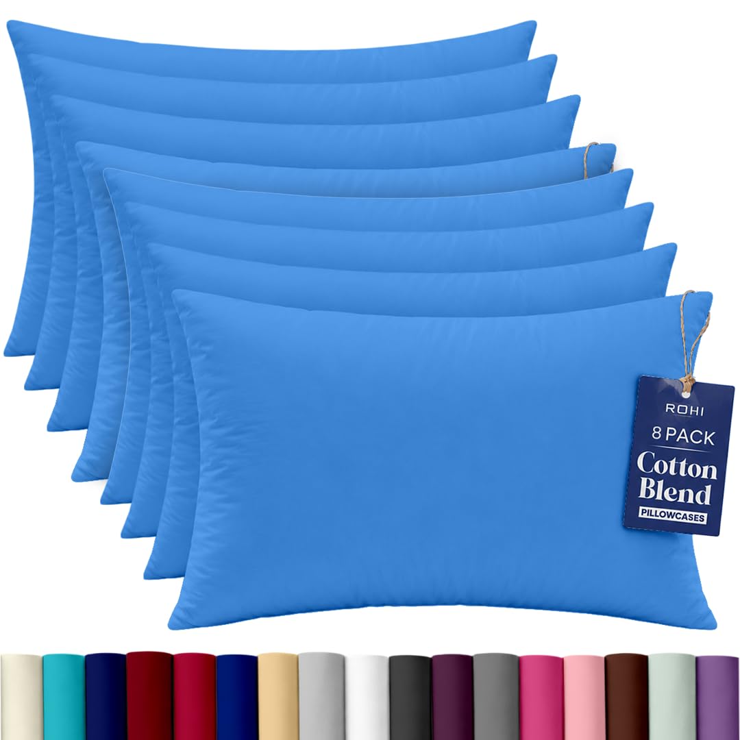 Rohi Luxury Mid Blue Pillowcases 8 Pack - (50×75cm) | Soft & Comfy Cotton Blend Pillow Covers with Envelope Closure | Breathable, Anti-Allergy, Fade & Wrinkle Resistant