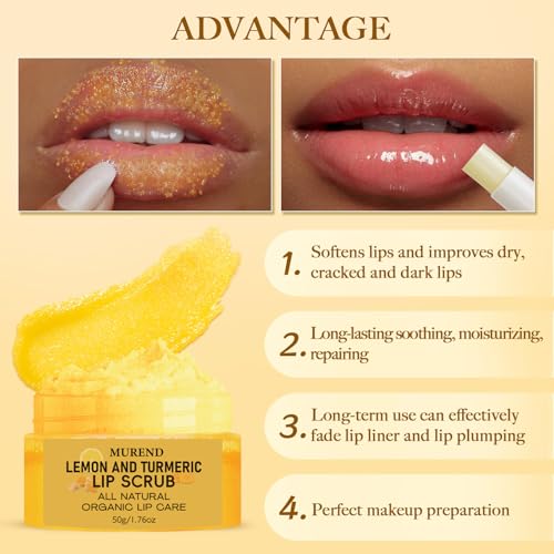 Image of 3PCS Turmeric Lemon Lip scrub and Turmeric Lip Balm with Brush Set, Lip Scrubber Exfoliator, Dark Lips Treatment for Smokers, Natural Exfoliator & Moisturizer Cracked, Dull, Reduce Fine Lines Lips
