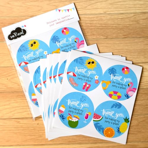 Image of Beach and Swimming Pool Theme Thank You Party Stickers, 40 Count, 2 Inches, Round, 4 Unique Designs, Matt-Finish Paper
