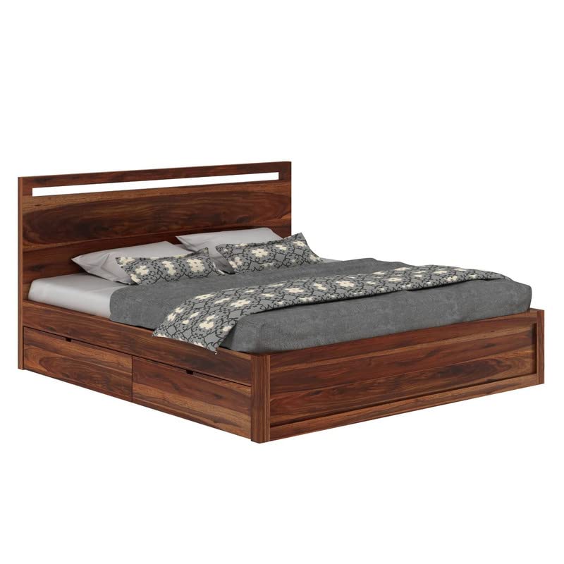 Image of Solid Sheesham Wood King Bed with Storage 4 Drawer Single Cut Design for Bedroom - Honey Finish