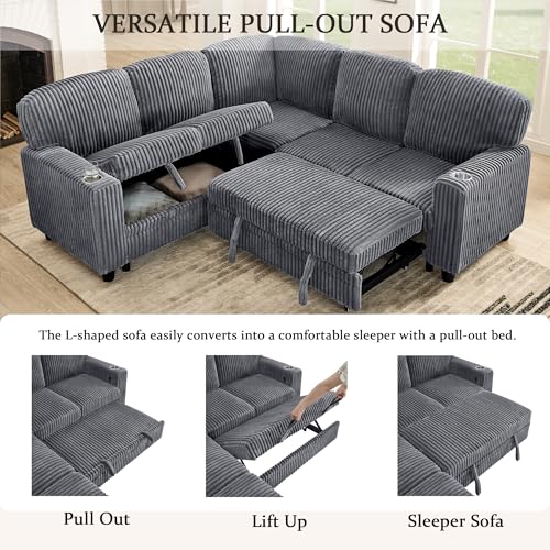 Image of KEIKI 81 inch L-Shaped Oversized Corduroy Modular Sectional Sleeper Sofa with Pull-Out Bed, Storage Seat, Modern 5-Seater Upholstered Couch Bed with Charging Station, Easy Assembly, for Living Room, Grey