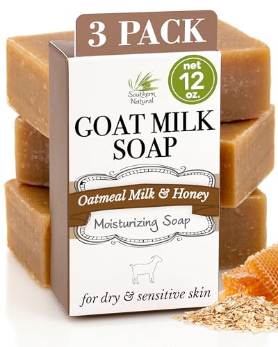 Southern Natural Goat Milk Soap Bar - Oatmeal Milk & Honey 3 Pack - For Dry Sensitive Skin. Natural, Handmade Soap For Men, Women, Kids, Face & Body