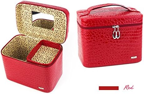 WILL GEM Fashion Double Zipper PU Leather Cosmetics Makeup Case with Mirror Bright Red