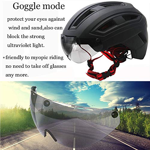 GIEADUN Bicycle Helmet Men and Women with Lights Detachable Magnetic Goggles Mountain Road Bike Helmet Adjustable Size Adult Riding helmetTaillight (Black)