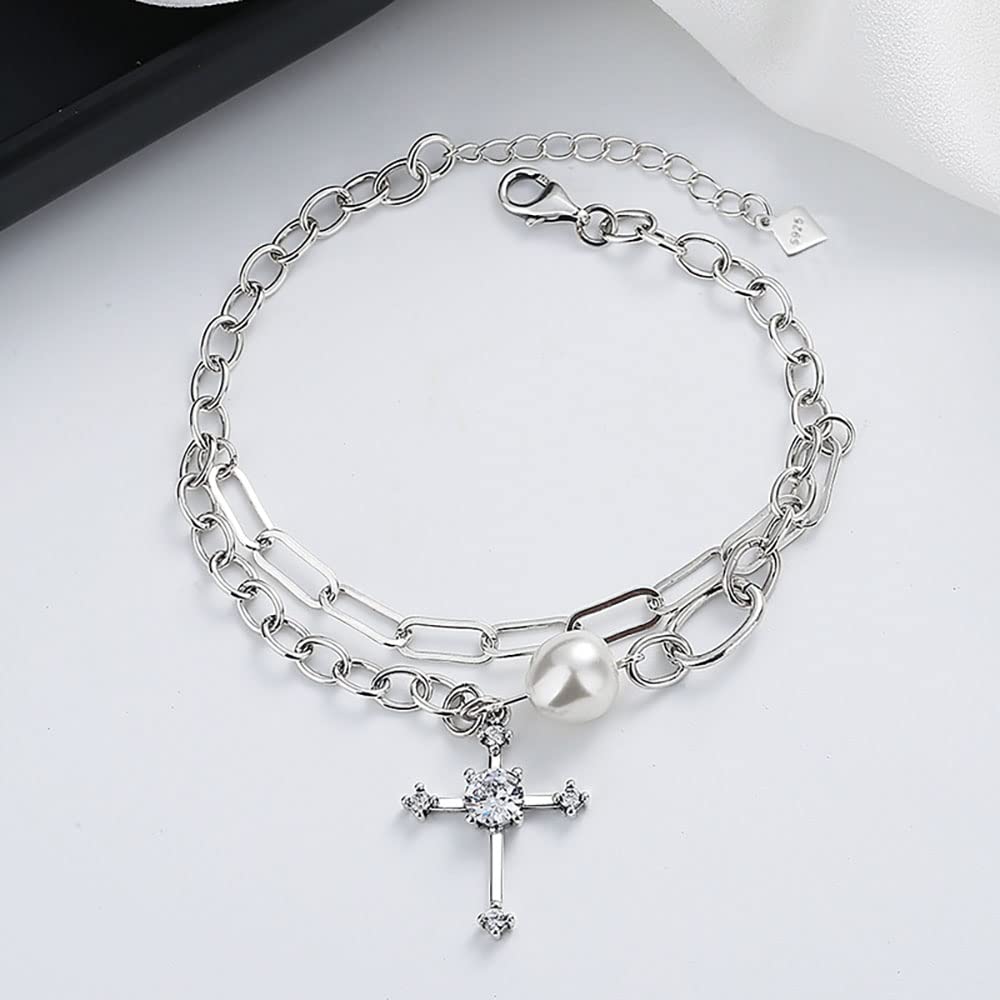 HLTYGWX Bracciale da Donna Bracciale Punk con Croce a Doppio Strato in Argento Sterling