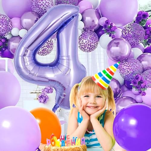 Image of Purple 4 Number Foil Balloon with Crown & Base Balloons | 32 Inch Helium Supported for Birthday, Anniversary, Baby Shower Decoration - Pack of 14