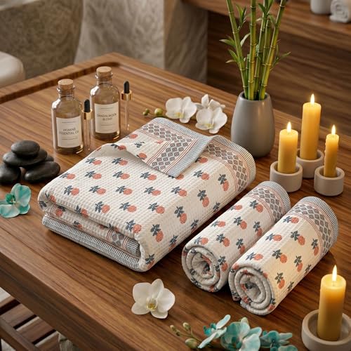 Image of Mafatlal Madhuban Super Absorbent Cotton Set (1 Bath 147x76 cm + 2 Hand 76x38 cm) | 250 GSM | Hand Printed Floral | Tea Rose