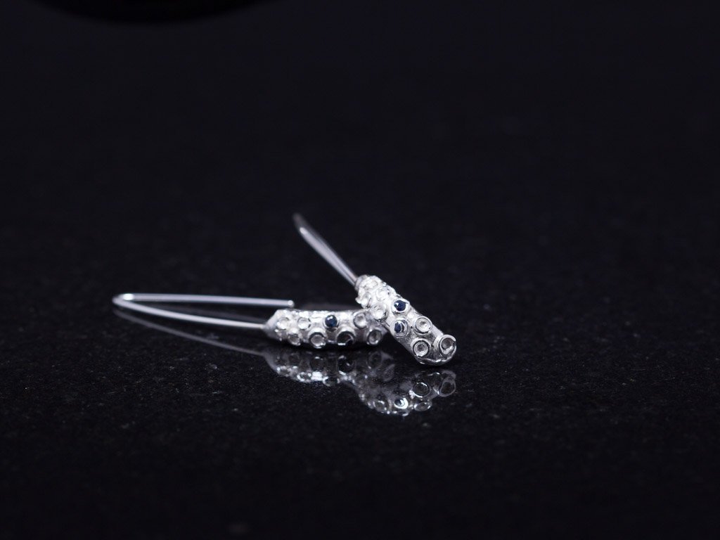 Sapphire Octopus - Sterling Silver Earrings with a Sapphire
