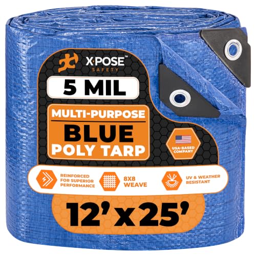 Image of Better Blue Poly Tarp 12' x 25' - Multipurpose Protective Cover - Lightweight, Durable, Waterproof, Weather Proof - 5 Mil Thick Polyethylene - by Xpose Safety