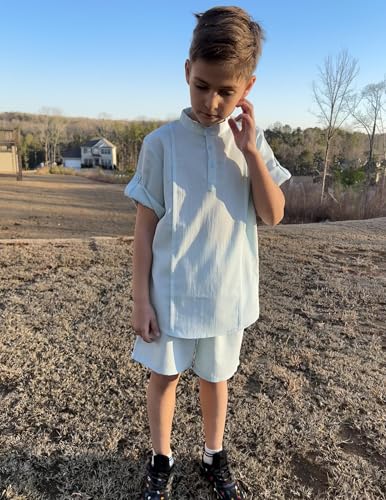 Image of Arshiner Boy's 2 Pieces Linen Sets Short Sleeve Henley Shirt and Shorts Summer Beach Matching Outfits 4-12 Years
