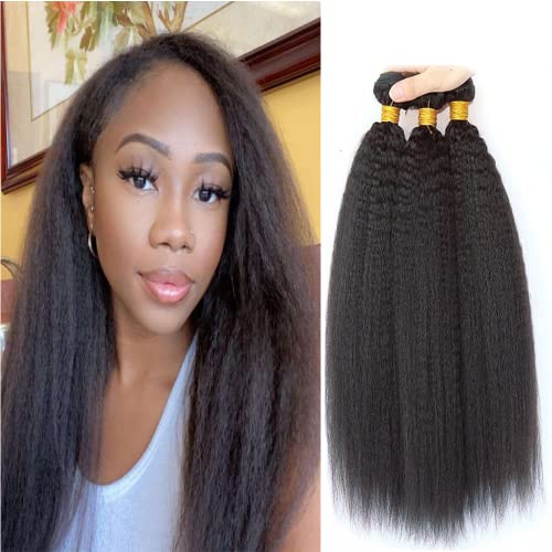 Kinky Straight Human Hair Bundles Yaki Human Hair 3 Bundles 100g 14 16 18 inch 8A Grade 100% Unprocessed Brazilian Virgin Hair Weave Bundles Remy Hair Extensions Natural Black