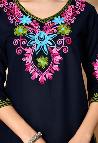 Image of LIBOZA Embroidered Kashmiri Tunic Top, Short Kurti for Women on Jeans, V-Neck, 3 /4 Sleeve, Floral Design,