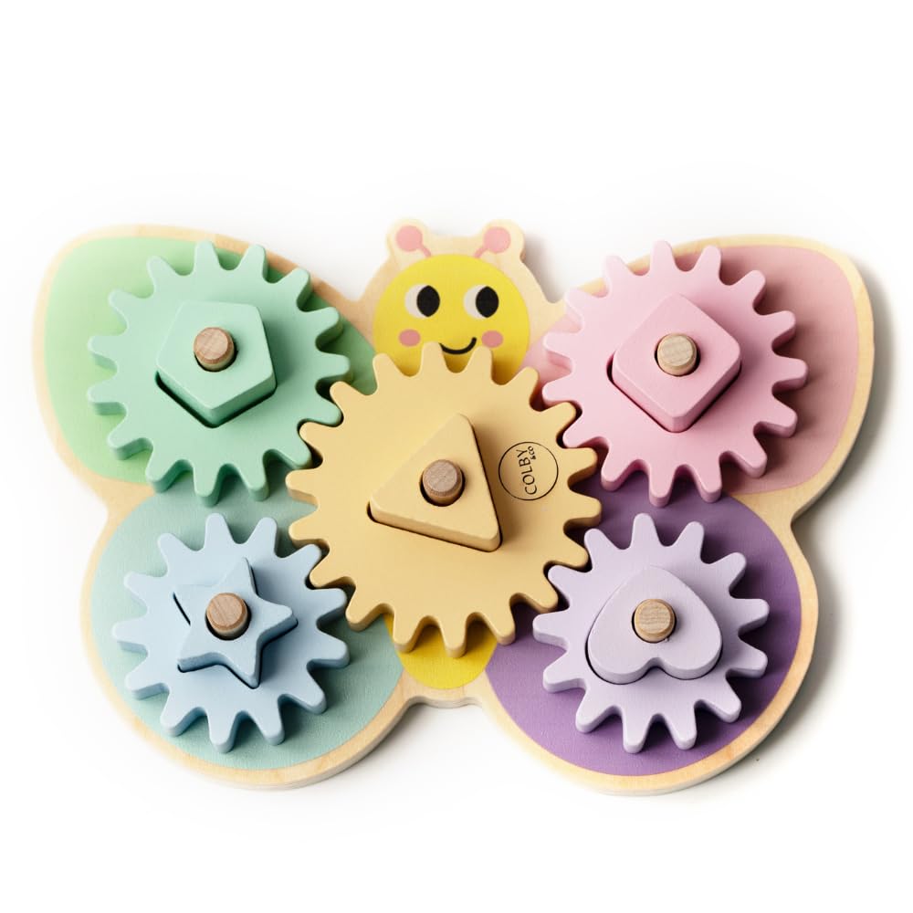 Colby & Co Busy Butterfly Toy | Wooden Toys for 1 Year Old Boys & Girls | Educational Spinning Gear Puzzle Toy