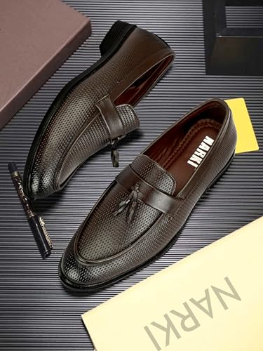 Image of NARKI Men's Black Textured Leather Tassel Loafers - Stylish Slip-On Formal Shoes for Office