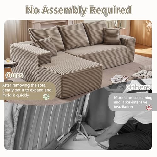 Image of 107 inch Cloud Sectional Couch with L-Shape Chaise, Modern Modular Comfy Sofa with Deep Seat, Upholstered Corduroy Couches Sleeper Chaise Longue for Living Room Bedroom, No Assembly Required, Camel
