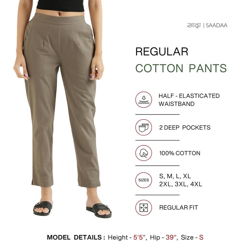 Image of SAADAA Women's Regular Fit Mid-Rise Cotton Pants | Half-Elasticated Waist | Comfortable Casual Trousers with 2 Pockets for Daily, Office & Travel Wear |