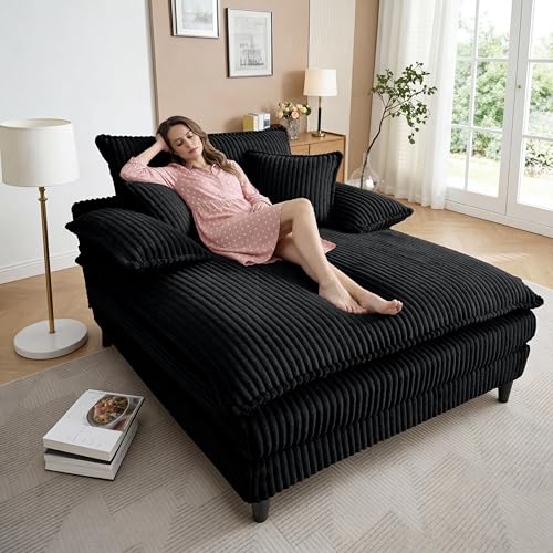 Image of Oversized Chaise Lounge Chair Indoor with 5-Position Adjustable Backrest, 54.8 inch Upholstered Corduroy Deep Seat Single Cloud Sofa Chair, Fluffy Modern Sleeper Couch Bed for Living Room, Black