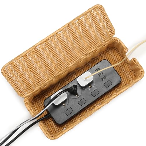 Delamu Handmade Rattan Cable Management Box, Cord Organizer with 2 Open Slots, Desk Cord Box Hider for Computer Router USB Hub Power Strip, 12.5″ Lx 5.1″ Wx 5.1″ H, Natural