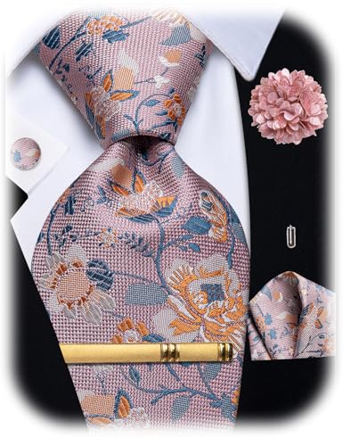 Image of YourTies Silk Paisley Floral Tie and Pocket Square Cufflinks with Lapel Pin Sets for Men 5PC Wedding Party