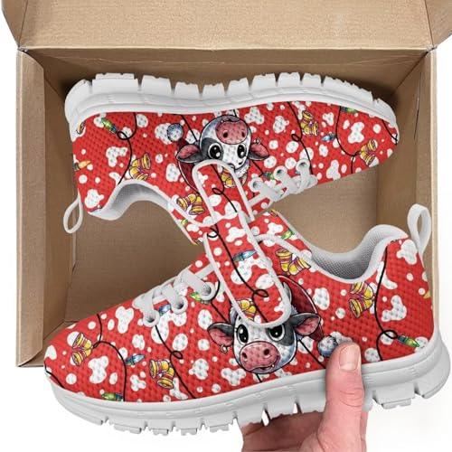 Boys Girls Shoes for Little Kids/Big Kids Machine Washable Lightweight Comfy Athletic Running Shoes Kids Sneakers Light Grey Christmas Cow Pattern White Sole2