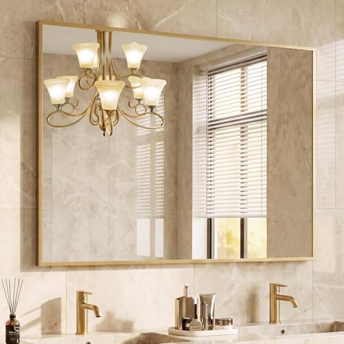 Image of NEWBULIG 30 inch x 40 inch Gold Rectangle Bathroom Mirrors for Wall, Morden Wall Mirror with Metal Frame, Tempered Glass, Vanity Mirror for Over Sink, Entryway, Living Room, Anti-Rust, Horizontal or Vertical