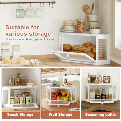 Image of WOWLIVE Corner Bread Box for Kitchen Countertop, Bamboo Bread Storage Container, Large Farmhouse Bread Holder with Acrylic Wavy Door Panel, Multi-functional Container, White