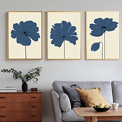 Impression sur toile fleurs bleues et affiche murale moderne style nordique triptyque 60x90cm x3