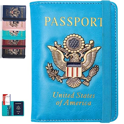 Image of Passport Holder and Card Slot Combo RFID Blocking Leather Family Travel Passport Wallet Travel Accessories for Men Women(Light blue)