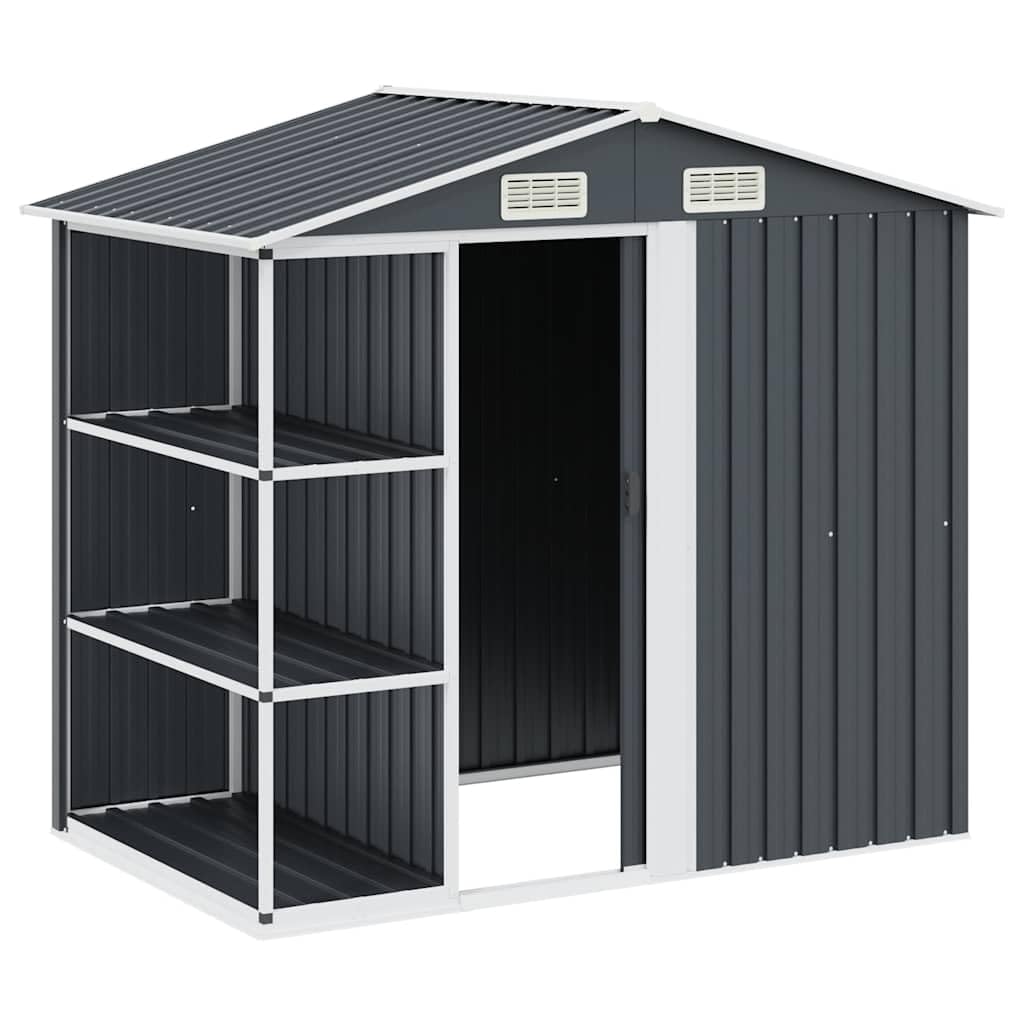 Domek ogrodowy z regałem, antracyt, 205 x 130 x 183 cm, żelazny domek ogrodowy ze stelażem do przechowywania urządzeń ogrodowych i przedmiotów gospodarstwa domowego, wytrzymały regał stalowy do