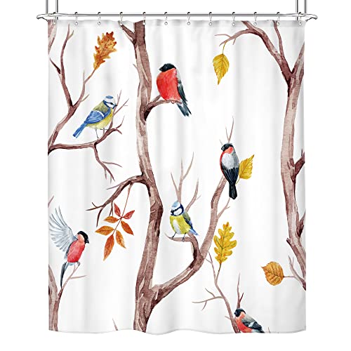 Riyidecor Rustic Birds Print Shower Curtain For Bathroom 72X72 Inch Watercolor Spring Tree Branch Cute Lovely Classy Twig Oil Painting Herbs Decor Fabric Polyester Waterproof Bb-Ucqk #TOP5