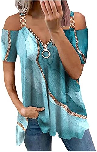 Womens Summer V Neck Cold Shoulder Cut Out Lace Short Sleeve Tunic Tops Blouse Shirts Solid Casual Tops Zip Up T-Shirt