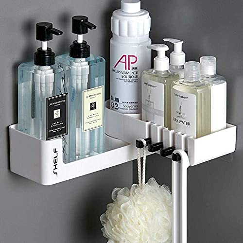 expandable shower caddy - LINFIDITE Adhesive Shower Caddy Bathroom Shelf Wall Mount Shower Shelf Rotating Expandable Shampoo Holder w Clear Adhesive No Drilling Bathroom Storage Rack Organizer,White