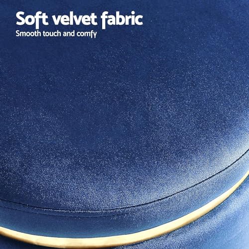 Image of ETIQUETTE ART Upholstered Velvet Round Dual Strip Ottoman Office Stool Foot Rest Stool Linen Fabric Padded Seat Pouf Ottoman with Round Shape for Living Room (Blue)