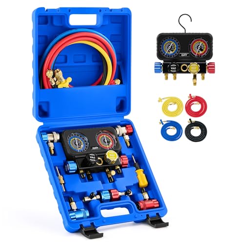 Orion Motor Tech AC Gauges, 4 Way Manifold Gauge Set for R1234yf R134a R404a Refrigerant, Automotive Gauge Set with Hoses Quick Couplers Self Sealing Can Taps for Car Freon Charging & Evacuation
