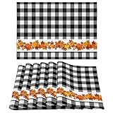 Thanksgiving Placemats Set of 6, Fall Leaf Pumpkin Heat Resistant Dining Table Placemats, Autumn Buf