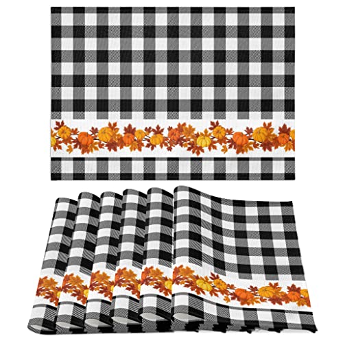 Thanksgiving Placemats Set Of 6, Fall Leaf Pumpkin Heat Resistant Dining Table Placemats, Autumn Buffalo Plaid Square Washable Wipeable Linen Fabric Cloth Place Mats For Rustic Farmhouse Kitchen Decor #TOP25