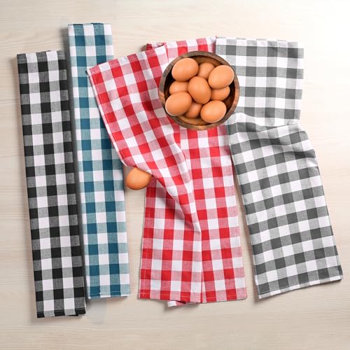 Image of Gingham Buffalo Check Kitchen Towels, 4 Pack, 16x26 Inches, 100% Cotton - Super Absorbent, Quick Drying, Hand Towels for Drying Dishes, Dish Cleaning Towels with Hanging Loop, Multi