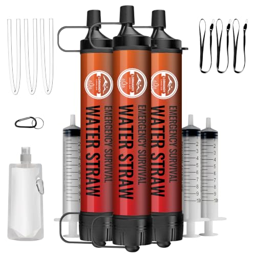 Lormandy Water Filter Straw 3 Pack - Outdoor Camping & Hiking Survival Gear | Personal Survival Water Filtration System Ideal for Hiking, Camping, Cycling, Fishing, and Emergency Preparedness