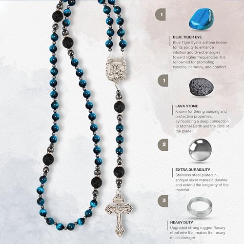 Nazareth Store Blue Tiger's Eye Rosary Beads for Men, Catholic Rosary Necklace with Lava Mystery Beads, Strong Rosary Cross Necklace in Portable Gift Box3