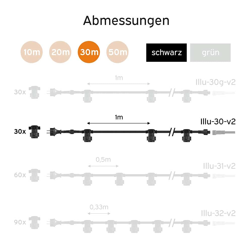 NCC-Licht Illu Lichterkette Komplettset 30 Meter Schwarz 30 E27 Fassungen mit Dichtung zum Verschrauben verlängerbar