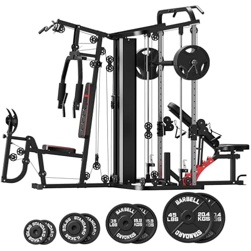 SunHome Multifunction Home Gym Equipment Workout Station, Smith Machine with 138LB Weight Stack, Leg Press, LAT Station for Full Body Training