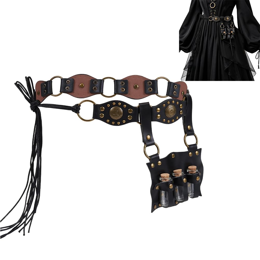 NBEADS Medieval Faux Leather Alchemy Set, Medieval PU Leather Waist Bag with Alloy Gothic Skull Snake Magic Wands, 2Pcs glass wishing bottle and Belt for Ren Faire Cosplay Halloween, Black