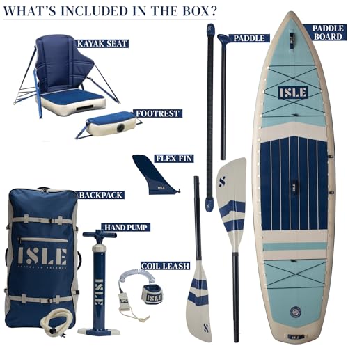 Image of ISLE 2in1 Kayak & Paddle Board Bundle - Stand Up Paddle Board & Kayak, Incl. Seat, Paddle, Pump, Bag, 11.6 x 35.5 x 6 in - max. 425 lbs