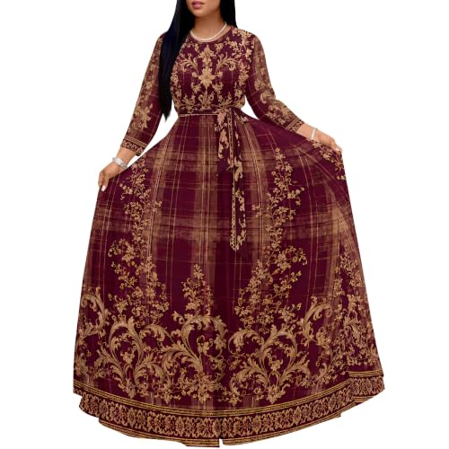 EQQZD Womens 3/4 Sleeve Maxi Dress with Pockets Burgundy Plaid Floral