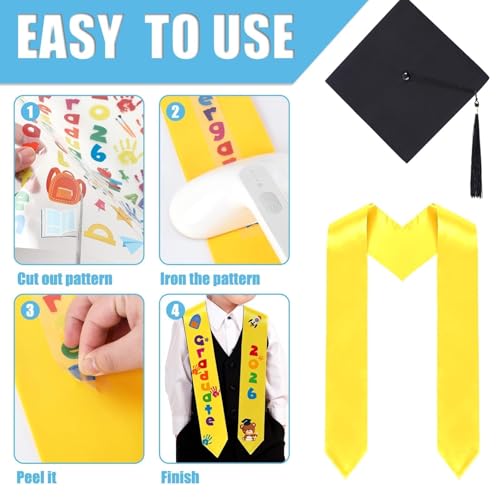 6 Pcs 2026 Preschool Kindergarten Graduation Cap Stole Iron on Letter Set Unisex Cap and Graduation Sash Sublimation Blank Stole Graduation Gifts for Kids Iron on Letters for DIY Craft by YLOLUL - Used condition - Image 4