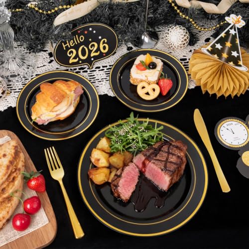Image of WDF 200PCS Black and Gold Plastic Plates - Black Plates Disposable for Party - Heavy Duty Plastic Plate for Wedding /Party /Birthday /Halloween
