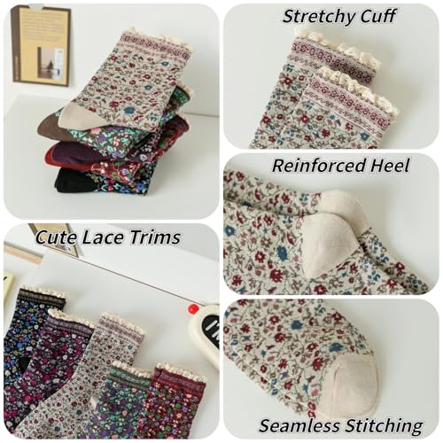 Vintage Style Embroidered Floral Socks for Women Girls with Lace Trims, Spring and Fall Cotton Crew Socks4
